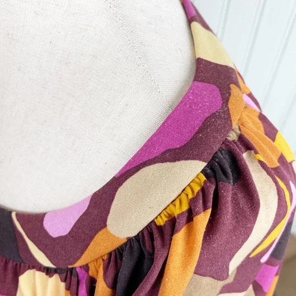 NEW Maggy London Women's Bell Sleeve Shirred Tent Dress Maroon Gold US Size 14 - Picture 7 of 12